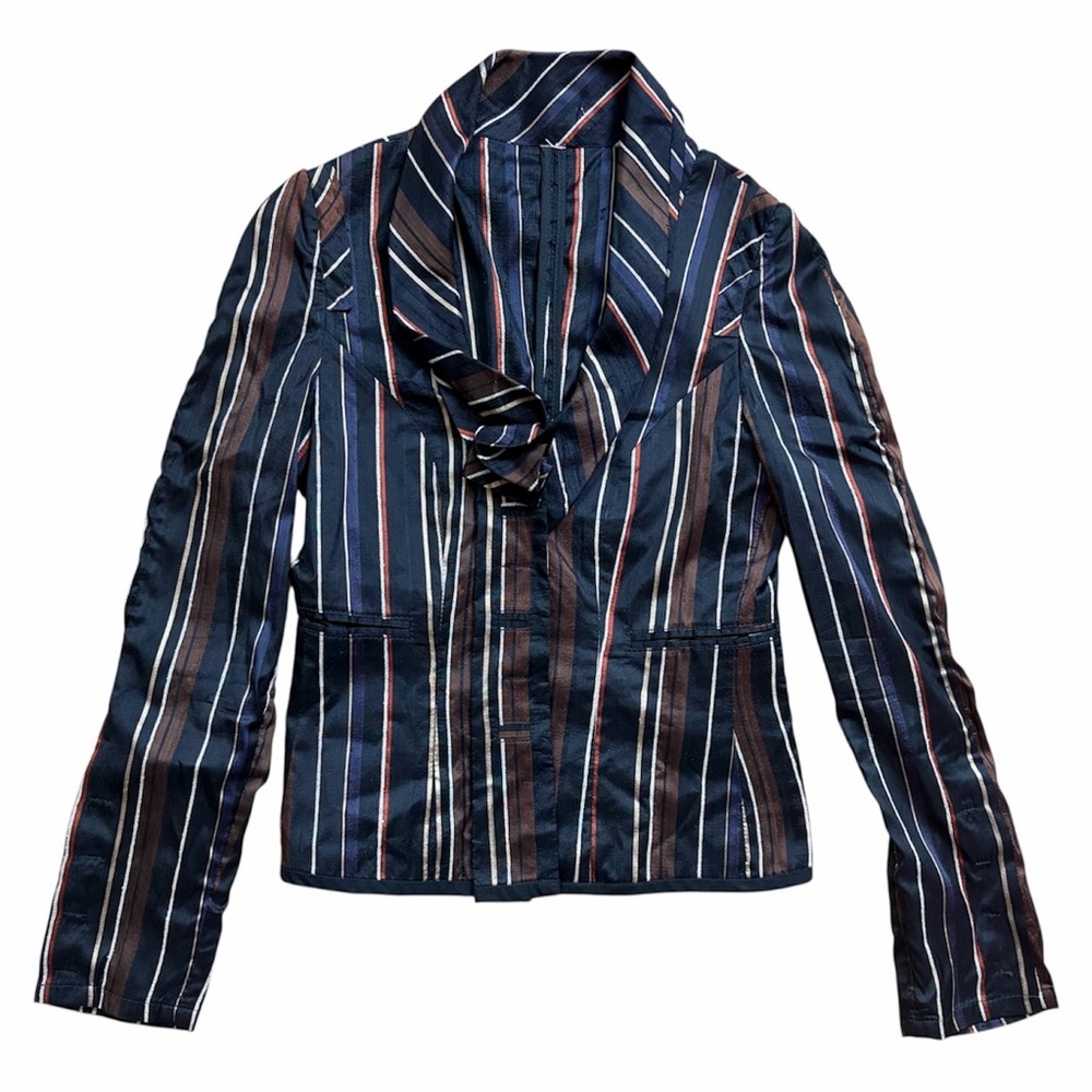 Hood - Made-in-Italy Raw Silk Blazer – Bold Stripe, Ruffle Detail Sz IT 42 US M